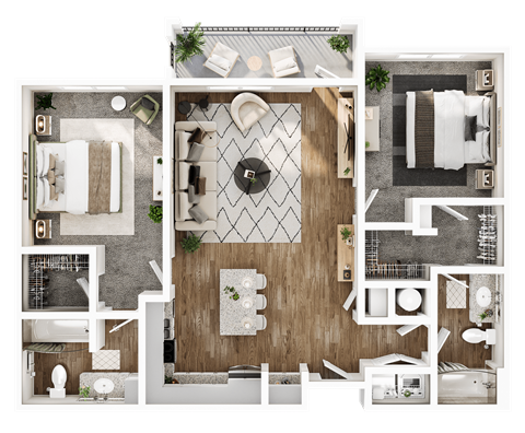 Floor plan for 2 beds, 2 baths, 1058 sqft